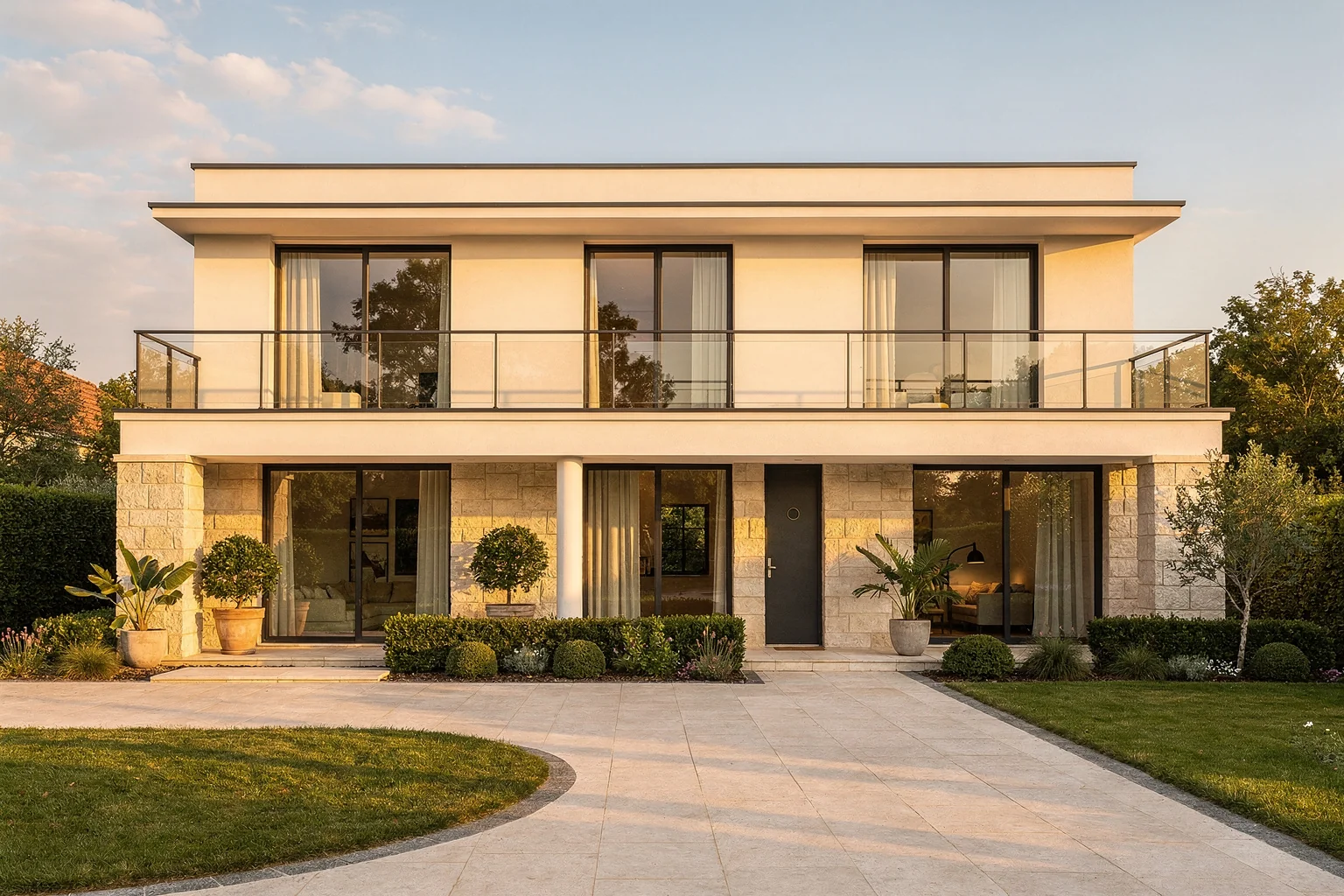 Maison contemporaine au coucher du soleil
