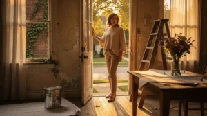 Femme de 47 ans réfléchissant à acheter à rénover ou emménager tout de suite dans une maison ancienne