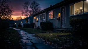 Quartier résidentiel au crépuscule, ambiance sombre illustrant l’erreur d’acheter sans revoir le soir