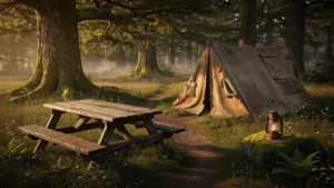 Campement ancien marqué par vingt ans d'histoire dans une forêt paisible au coucher du soleil