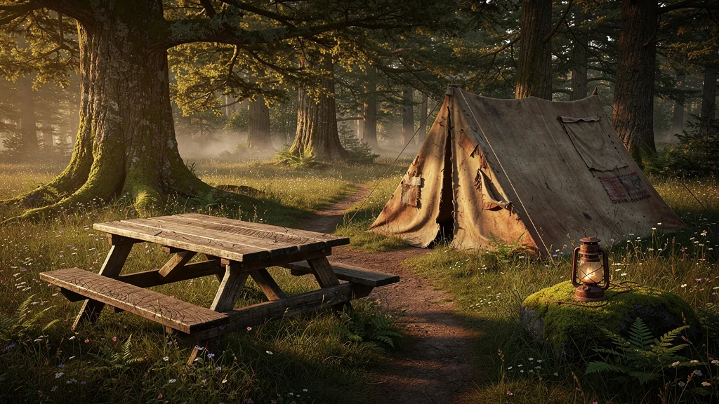 Campement ancien marqué par vingt ans d'histoire dans une forêt paisible au coucher du soleil
