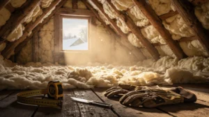 Intérieur isolé de combles perdus DIY montrant laine isolante et lumière naturelle pour confort hivernal