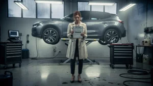 Femme devant un garage d'inspection automobile, regret face à la contre-visite ignorée