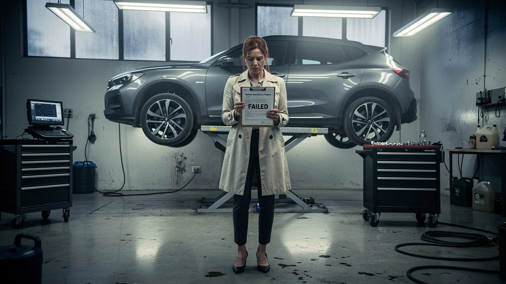 Femme devant un garage d'inspection automobile, regret face à la contre-visite ignorée