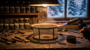 Sorte vintage chauffée et restaurée en hiver dans un atelier rustique avec lumière chaude