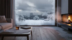 Intérieur d'un logement en hiver montrant la lumière froide révélant un regret d'orientation après trois hivers