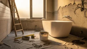 Chantier salle de bain en rénovation avec imprévus, ambiance réaliste et détails de matériaux et outils