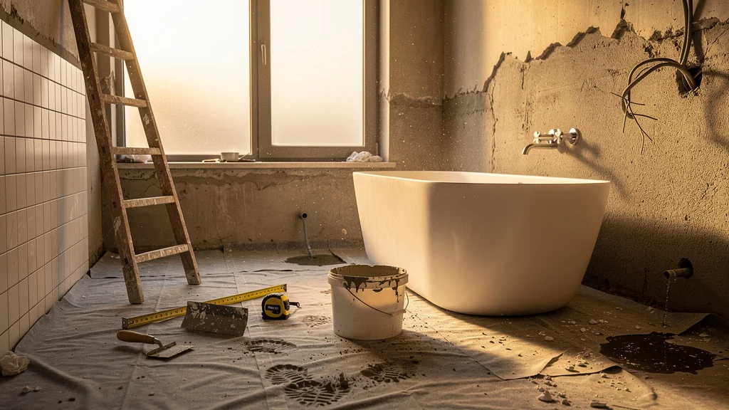 Chantier salle de bain en rénovation avec imprévus, ambiance réaliste et détails de matériaux et outils