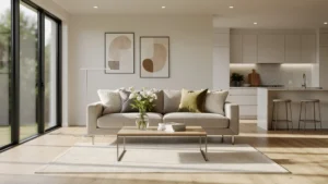 Intérieur hyperréaliste d'un salon home staging chaleureux pour vente immobilière en solo