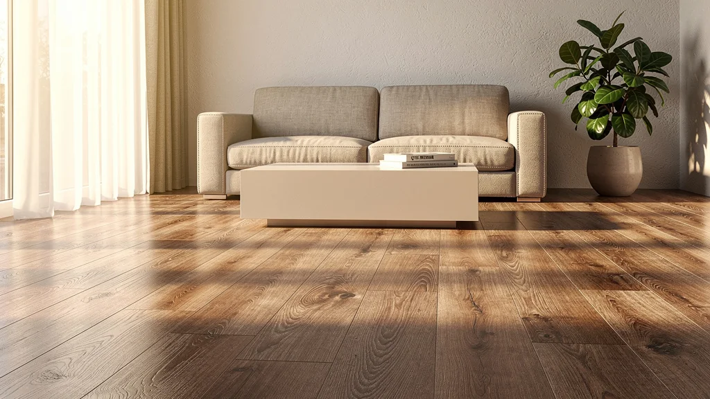 Parquet stratifié posé soi-même après deux ans, illustrant sa tenue et qualité durable dans un salon moderne