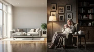 Intérieur divisé illustrant travaux rentabilisés à la revente et travaux faits pour soi, ambiance chaleureuse et lumineuse