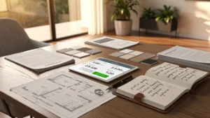 Table de négociation pour prix et travaux de rénovation, ambiance professionnelle et réfléchie, lumière naturelle