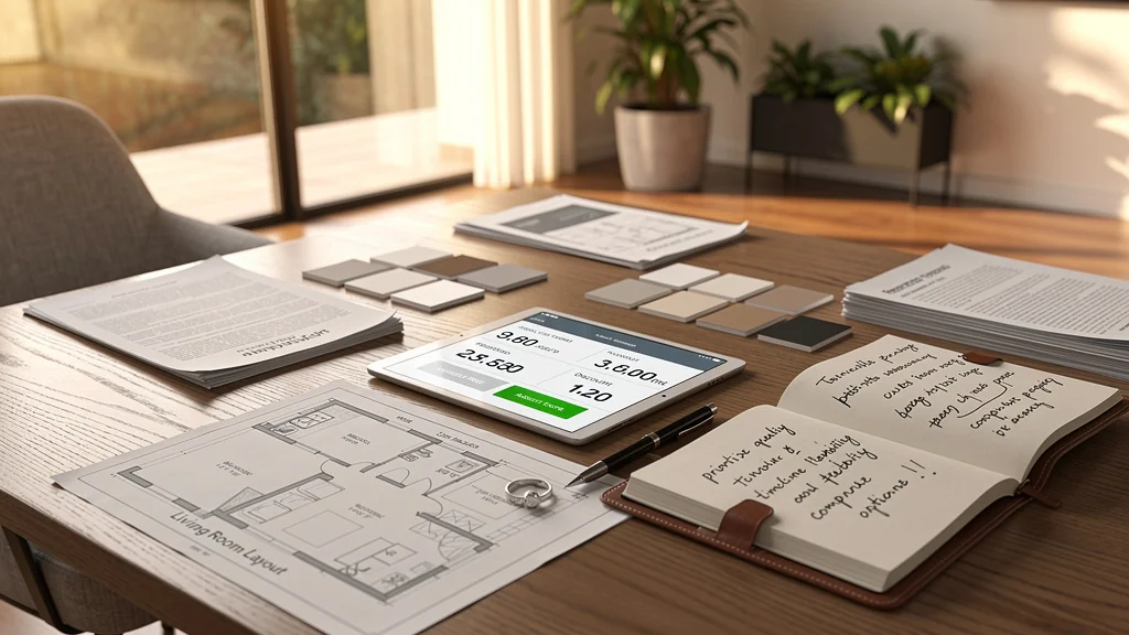 Table de négociation pour prix et travaux de rénovation, ambiance professionnelle et réfléchie, lumière naturelle