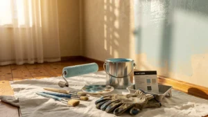 Intérieur lumineux montrant un mur partiellement peint et outils de peinture pour économie DIY ou artisan