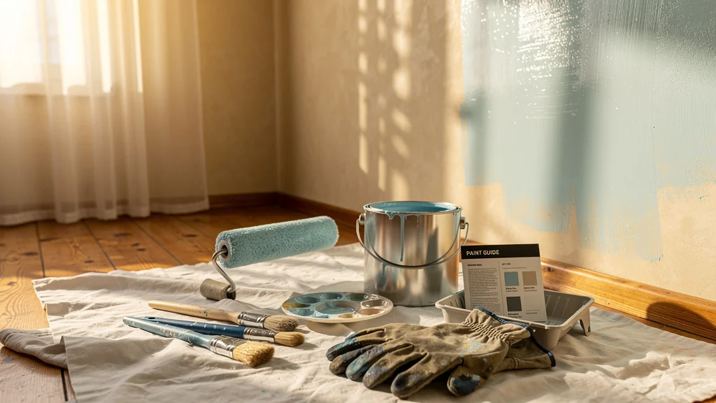 Intérieur lumineux montrant un mur partiellement peint et outils de peinture pour économie DIY ou artisan
