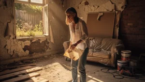 Femme de 47 ans face à une maison en rénovation, illustrant l'erreur d'un budget travaux sous-estimé