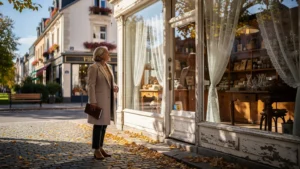 Femme de 47 ans réfléchissant devant une boutique en automne, visitant deux fois avant d’acheter