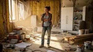 Chantier de rénovation interminable avec femme fatiguée supervisant l’espace en désordre